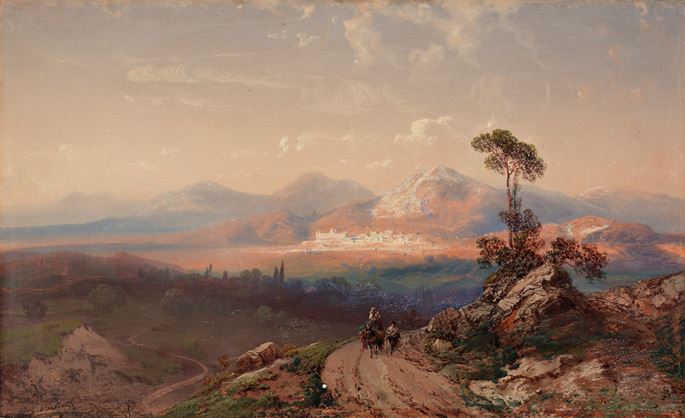 Carlo  Bossoli  - Travellers in a landscape in Spain, a city beyond | MasterArt